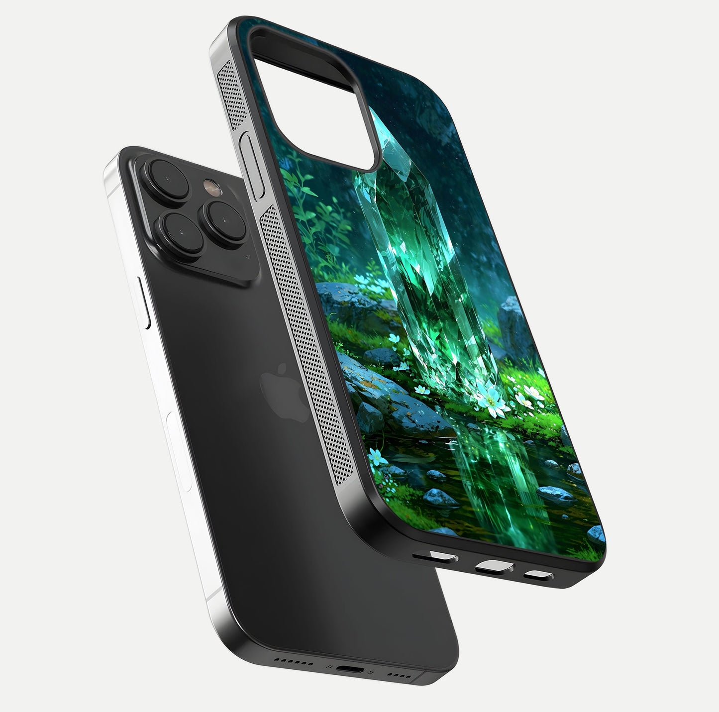 Emerald Light Crystal Glass Case for iPhone 15 Pro floating mockup showing glossy finish and radiant light pattern