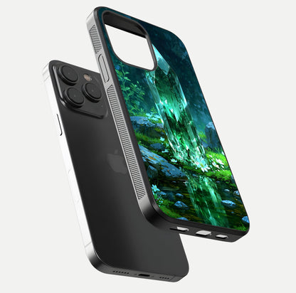Emerald Light Crystal Glass Case for iPhone 15 Pro floating mockup showing glossy finish and radiant light pattern