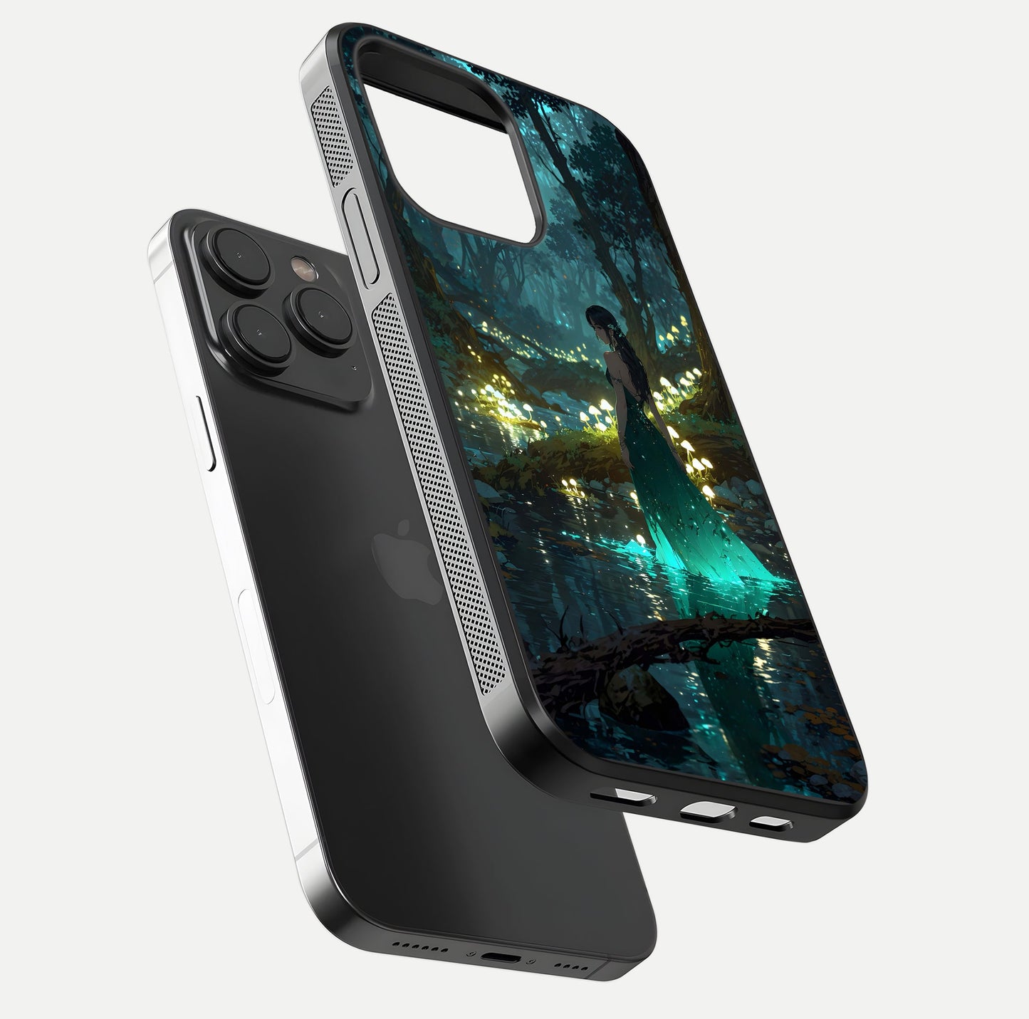 Enchanted Forest Glow Glass Case for iPhone 15 Pro floating mockup showing gloss polish and fantasy vibe