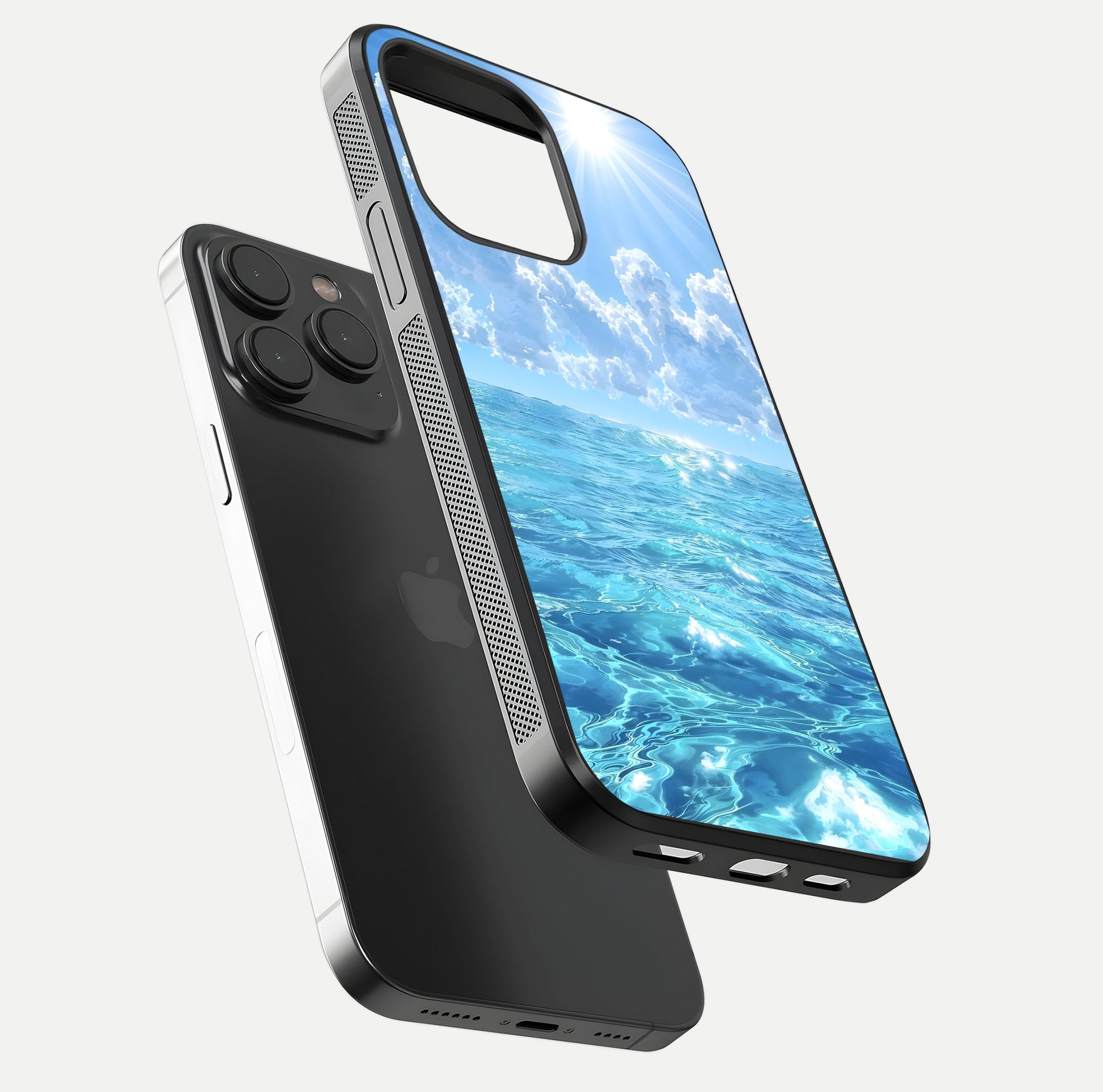 Endless Ocean Horizon Glass Case for iPhone 15 Pro floating mockup showing HD gloss and tranquil color