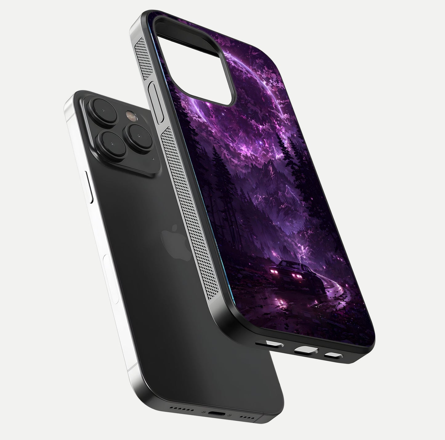 Eternal Cosmic Drive Glass Case for iPhone 15 Pro floating mockup showing glossy polish and vivid glow