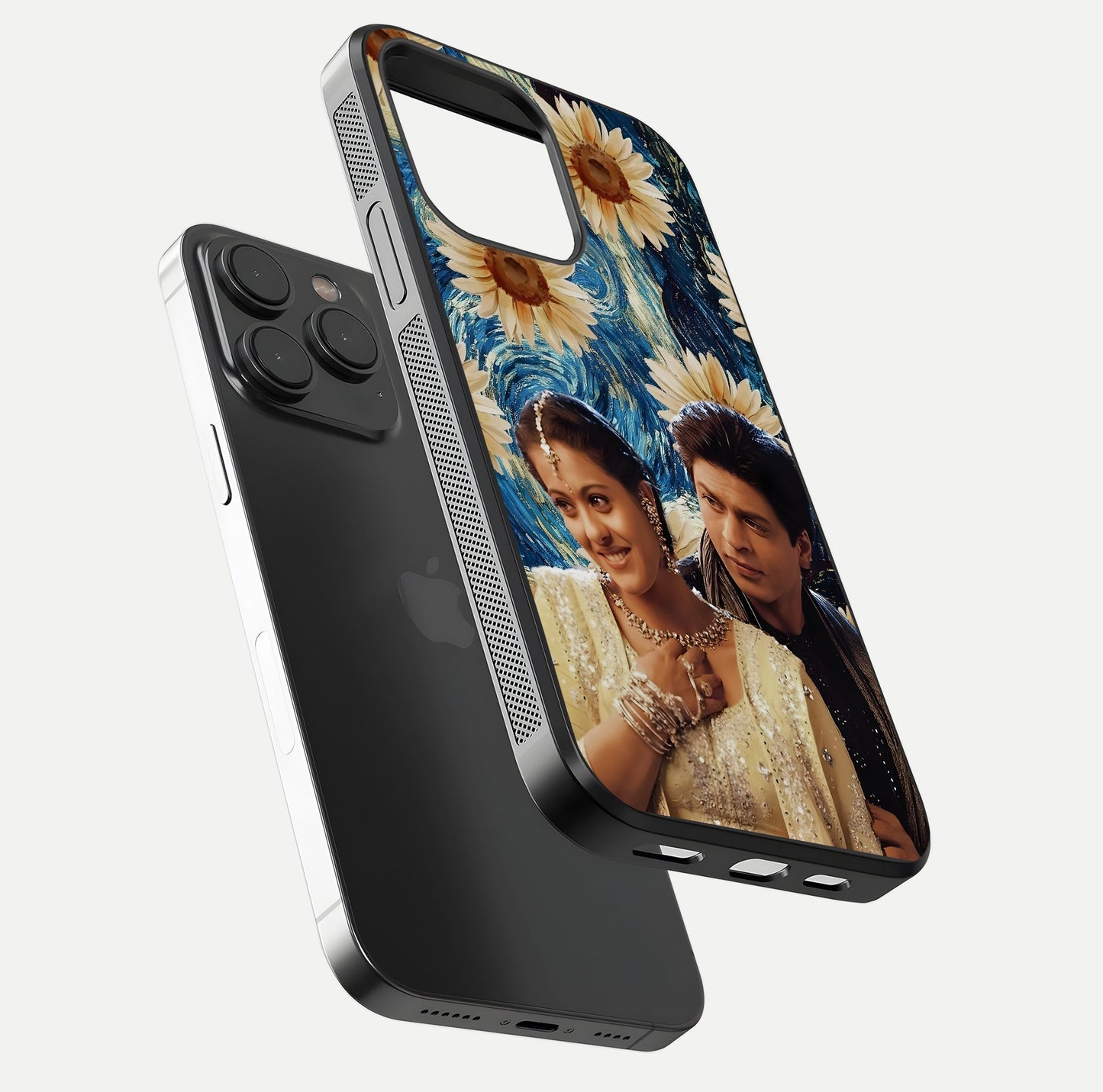 Eternal Love Story Glass Case for iPhone 15 Pro floating mockup showing glossy shine and romantic tone