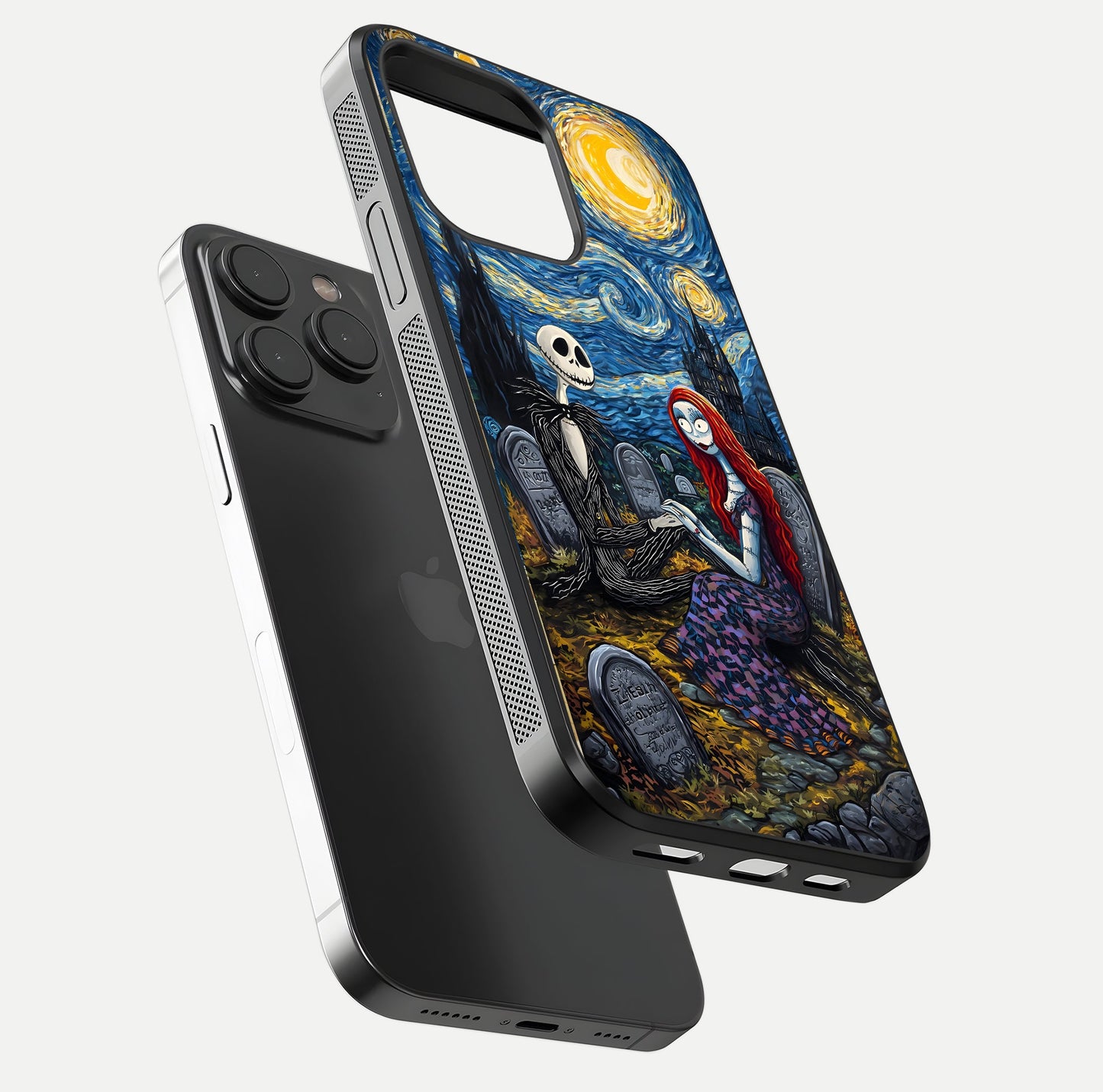 Eternal Night Love Glass Case for iPhone 15 Pro floating mockup showing gloss brightness and romantic vibe
