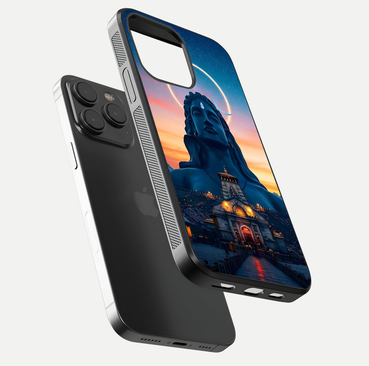 Eternal Shiva Aura Glass Case for iPhone 15 Pro floating mockup showing gloss texture and spiritual glow