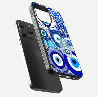 Evil Eyes Dream Glass Case for iPhone 15 Pro floating mockup showing glossy shine and elegant pattern clarity