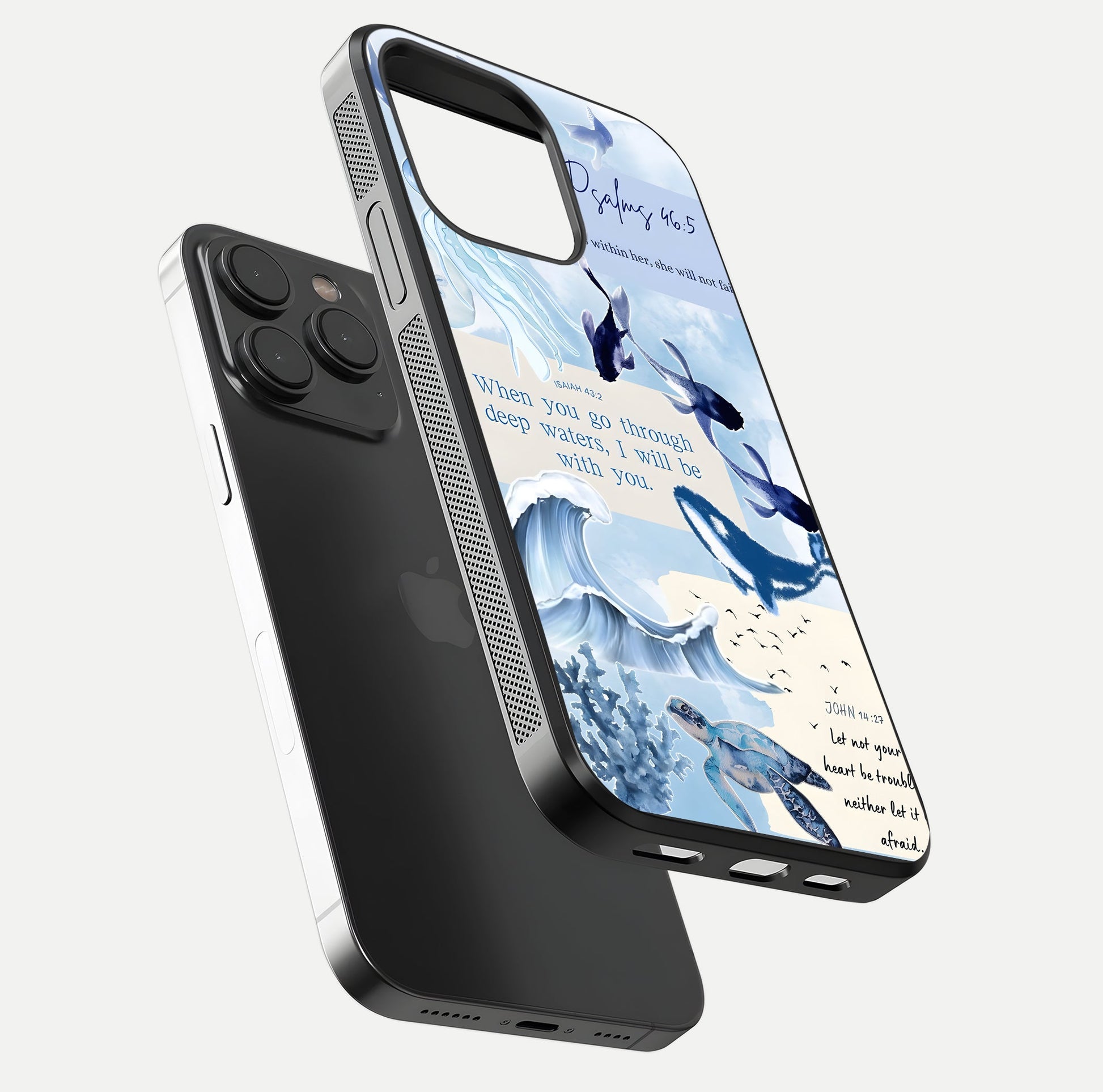 Faithful Ocean Promise Glass Case for iPhone 15 Pro floating mockup displaying glossy surface and vivid depth