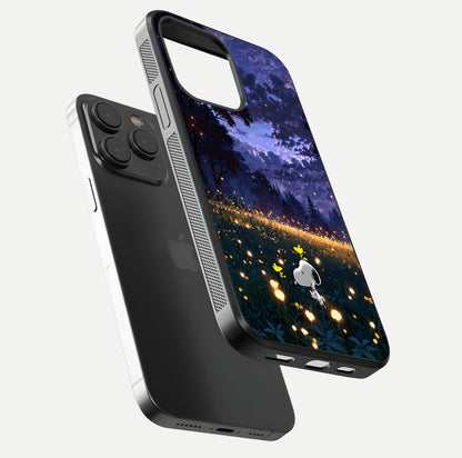 Firefly Meadow Magic Glass Case for iPhone 15 Pro floating mockup showing gloss polish and magical night hues