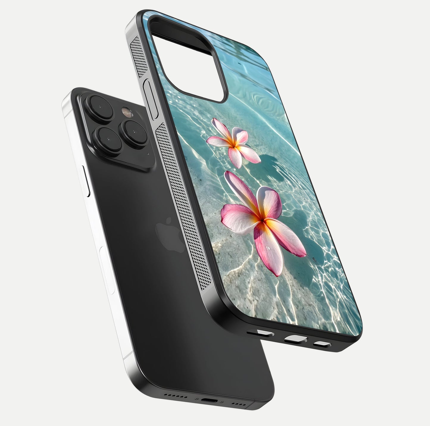Floating Bloom Bliss Glass Case for iPhone 15 Pro floating mockup showing HD gloss shine and floral texture