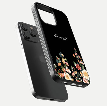 Floral Design Personalized Custom Name Glass Case for iPhone 15 Pro floating mockup showing reflection polish and vivid colors