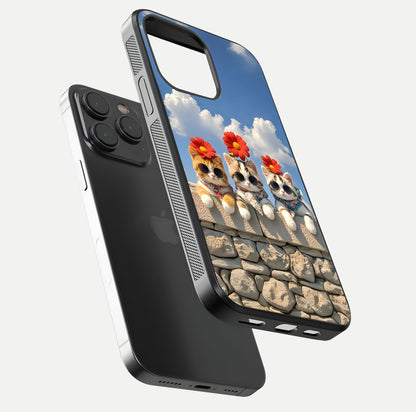 Floral Kitty Squad Glass Case for iPhone 15 Pro floating mockup showing gloss texture and playful charm