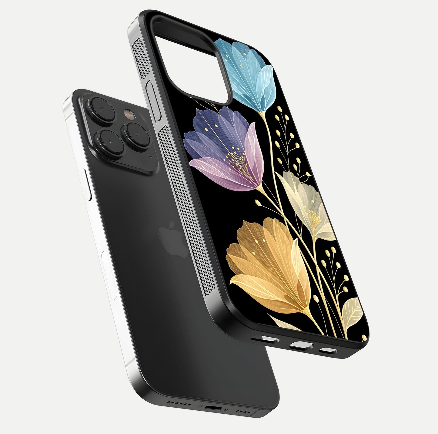 Flower Bloom Glow Glass Case for iPhone 15 Pro floating mockup showing HD shine and artistic detail