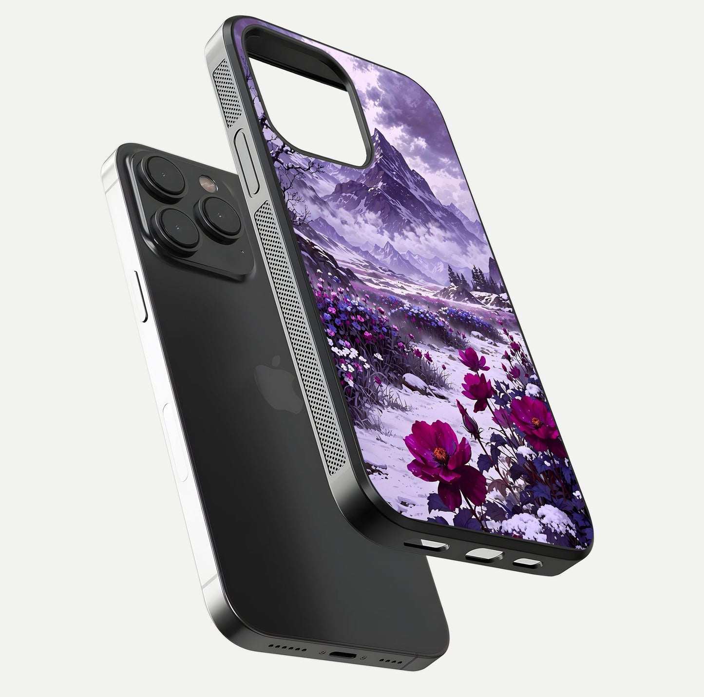 Flower Mountain View Glass Case for iPhone 15 Pro floating mockup showing reflection glow and artistic clarity