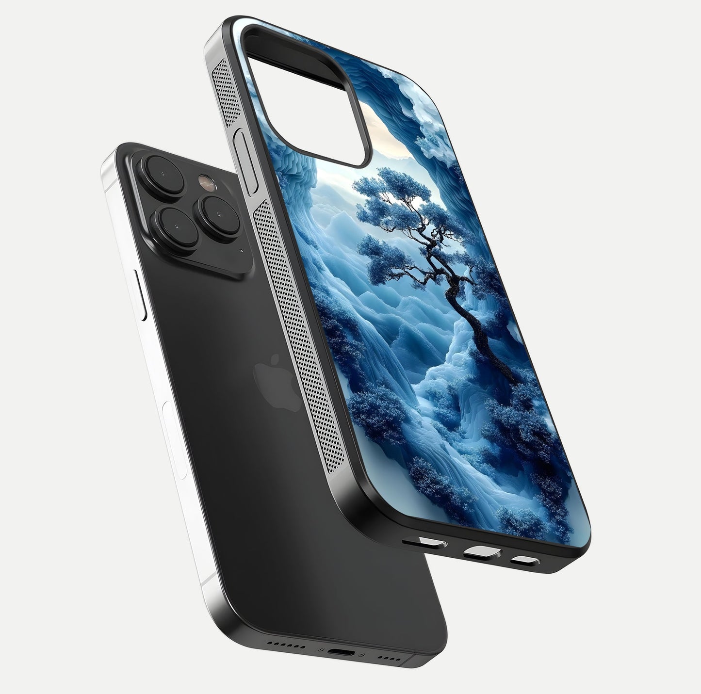Frozen Serenity Gate Glass Case for iPhone 15 Pro floating mockup showing glossy depth and crystal glow