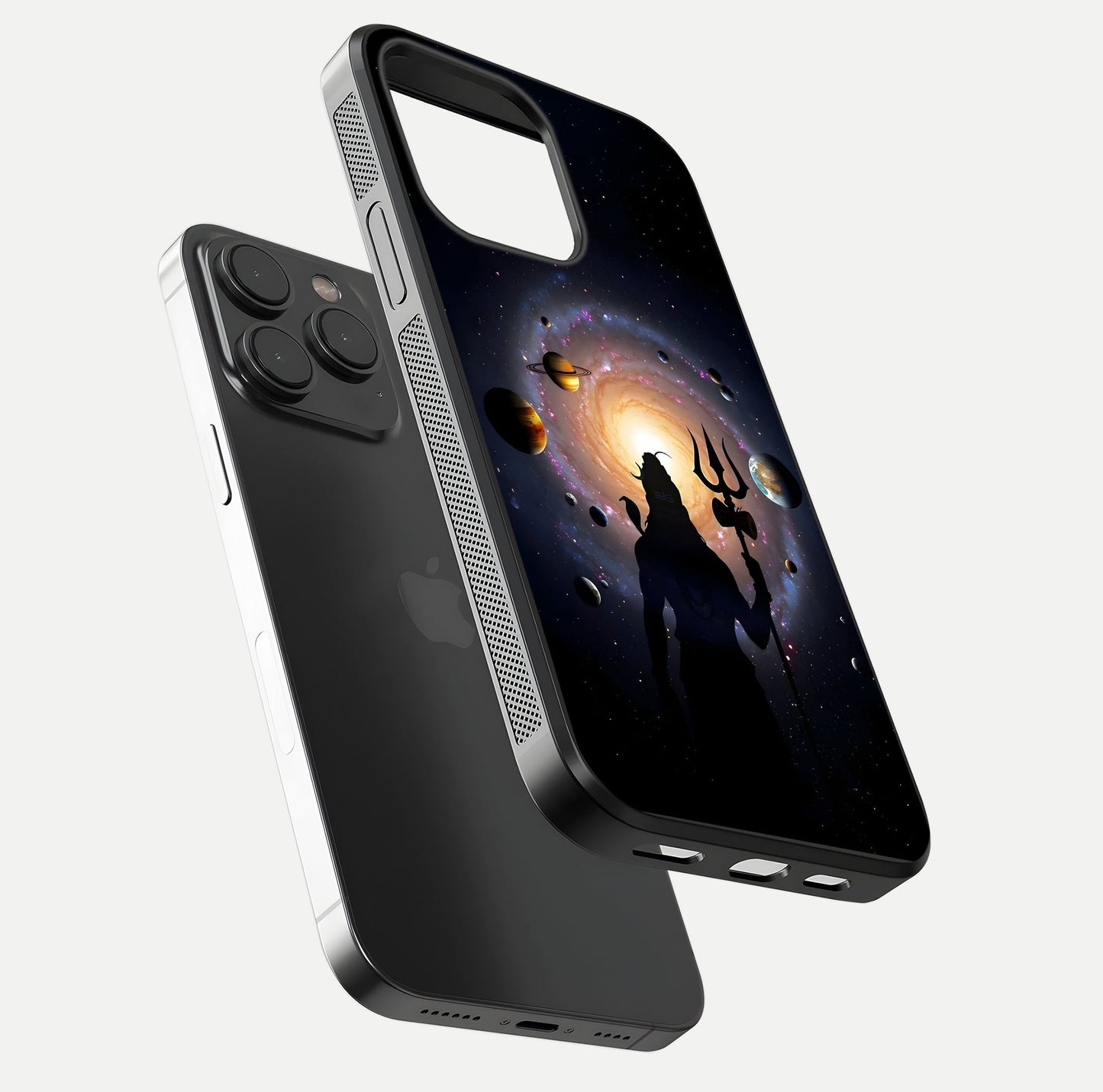 Galactic Shiva Vision Glass Case for iPhone 15 Pro floating dual-view mockup displaying vibrant cosmic colors and smooth gloss texture