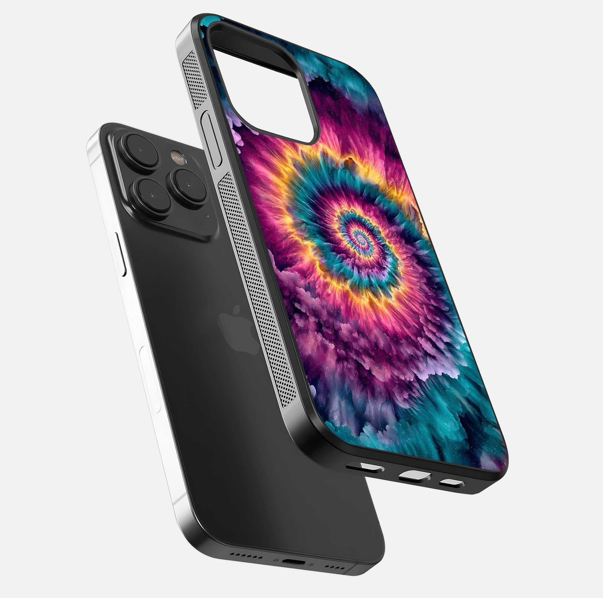 Galactic Spiral Burst Glass Case for iPhone 15 Pro floating dual-view mockup displaying light trails and smooth gloss shine