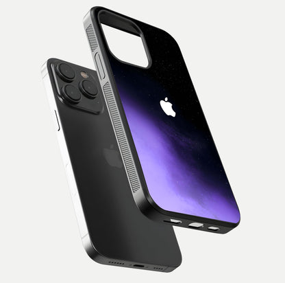 Galaxy Apple Aura Glass Case for iPhone 15 Pro floating dual-view mockup highlighting HD gloss and deep space color blend