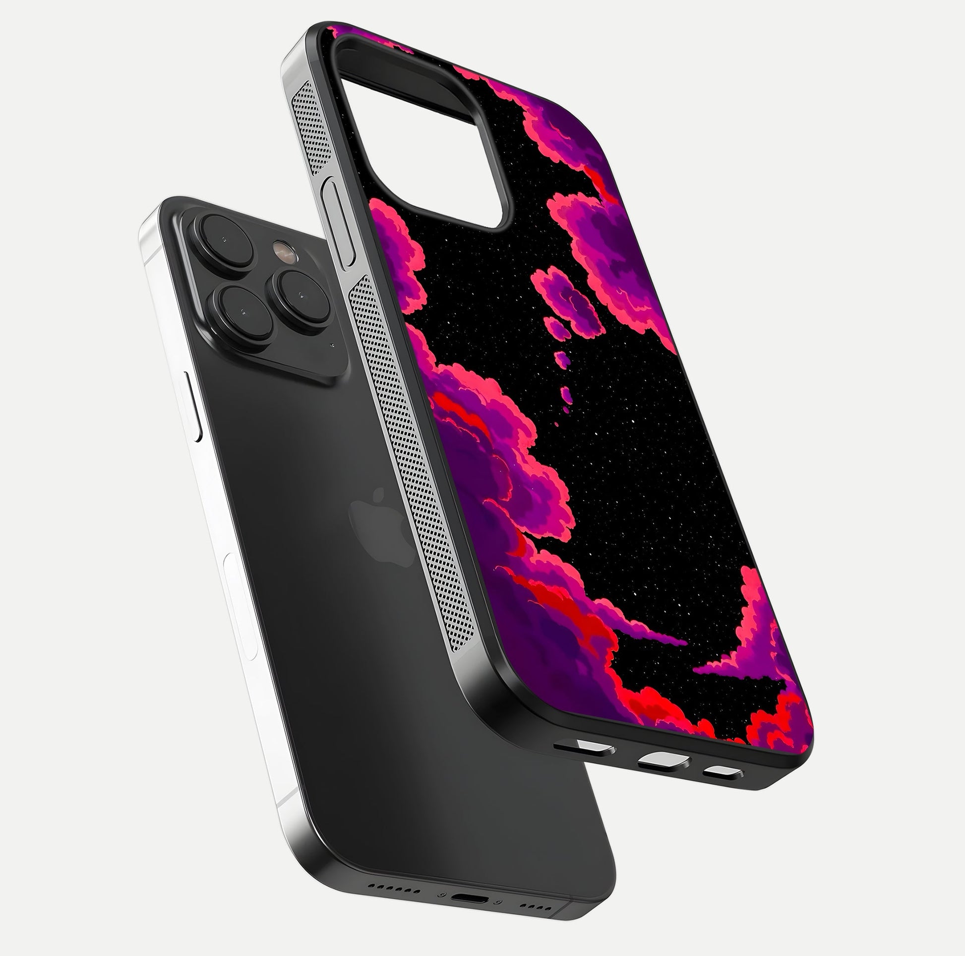 Galaxy Dream Frame Glass Case for iPhone 15 Pro floating dual-view mockup showing vibrant gloss and space-themed tones