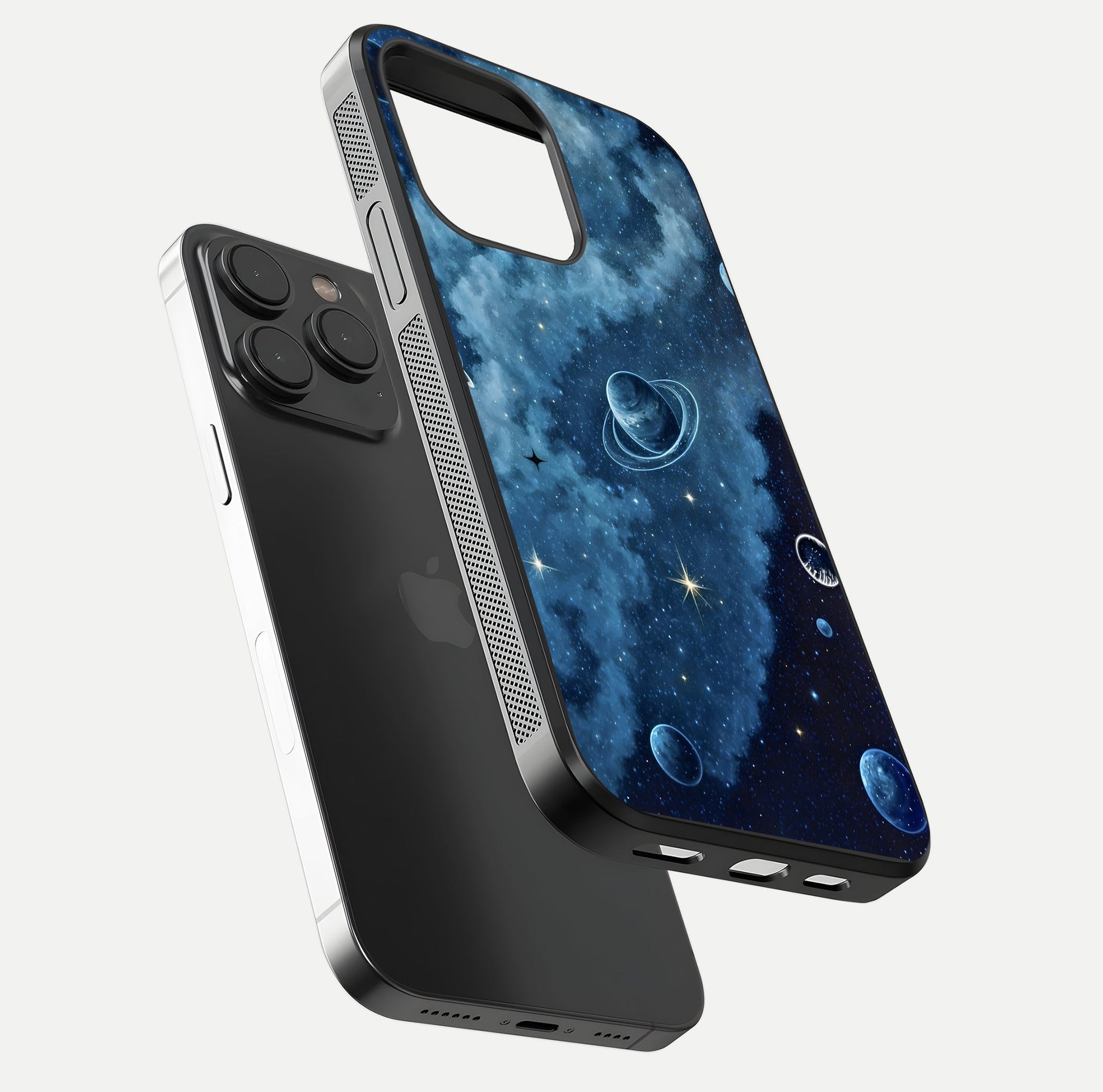 Galaxy Dream Space Glass Case for iPhone 15 Pro floating dual-view mockup showing glossy finish and celestial depth