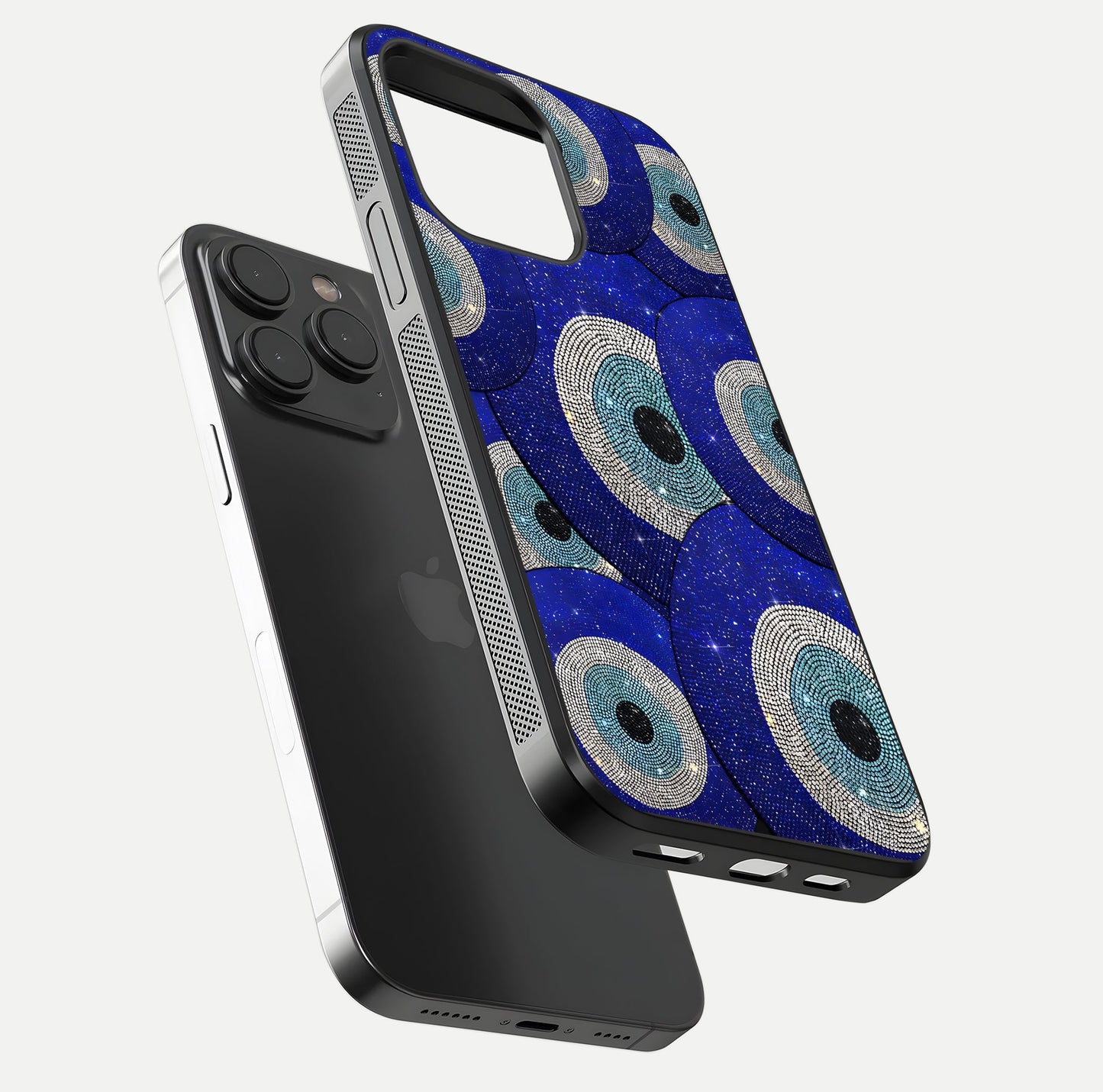 Galaxy Eye Flow Glass Case for iPhone 15 Pro floating dual-view mockup showing gloss polish and glowing tones