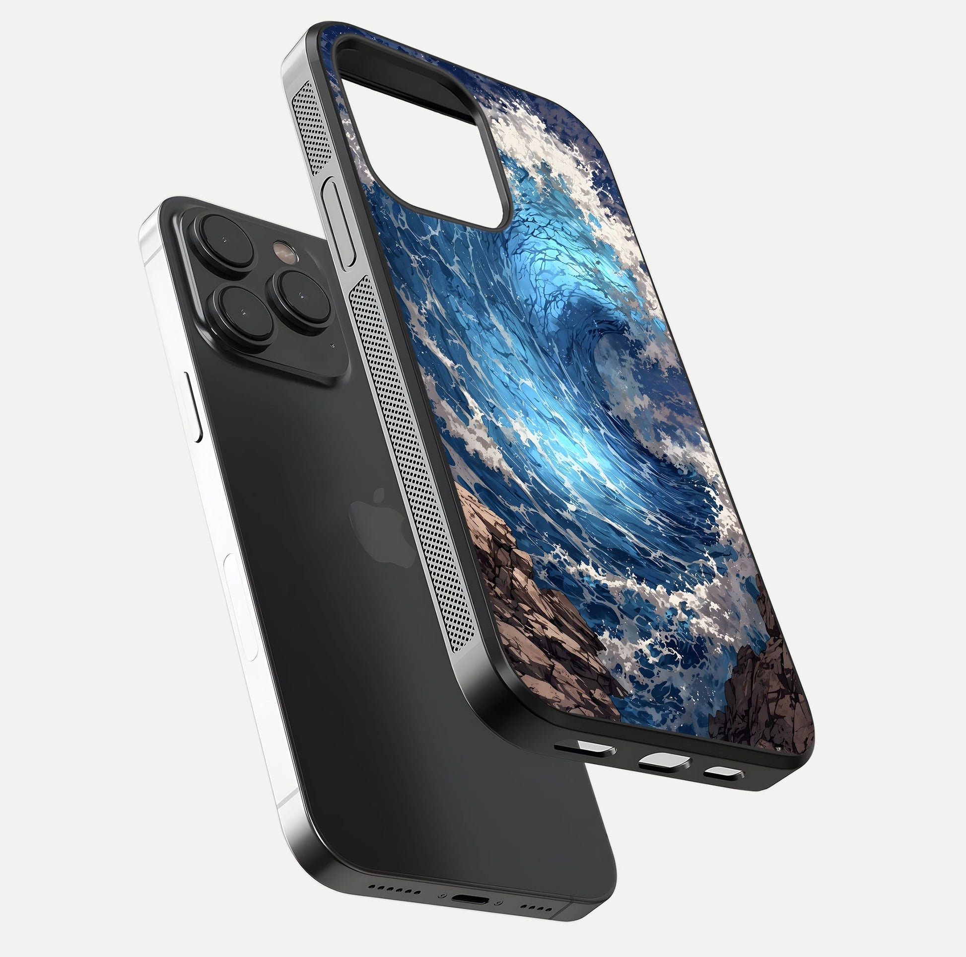 Giant Ocean Wave Glass Case for iPhone 15 Pro floating dual-view mockup showing glossy depth and aquatic blue gradient