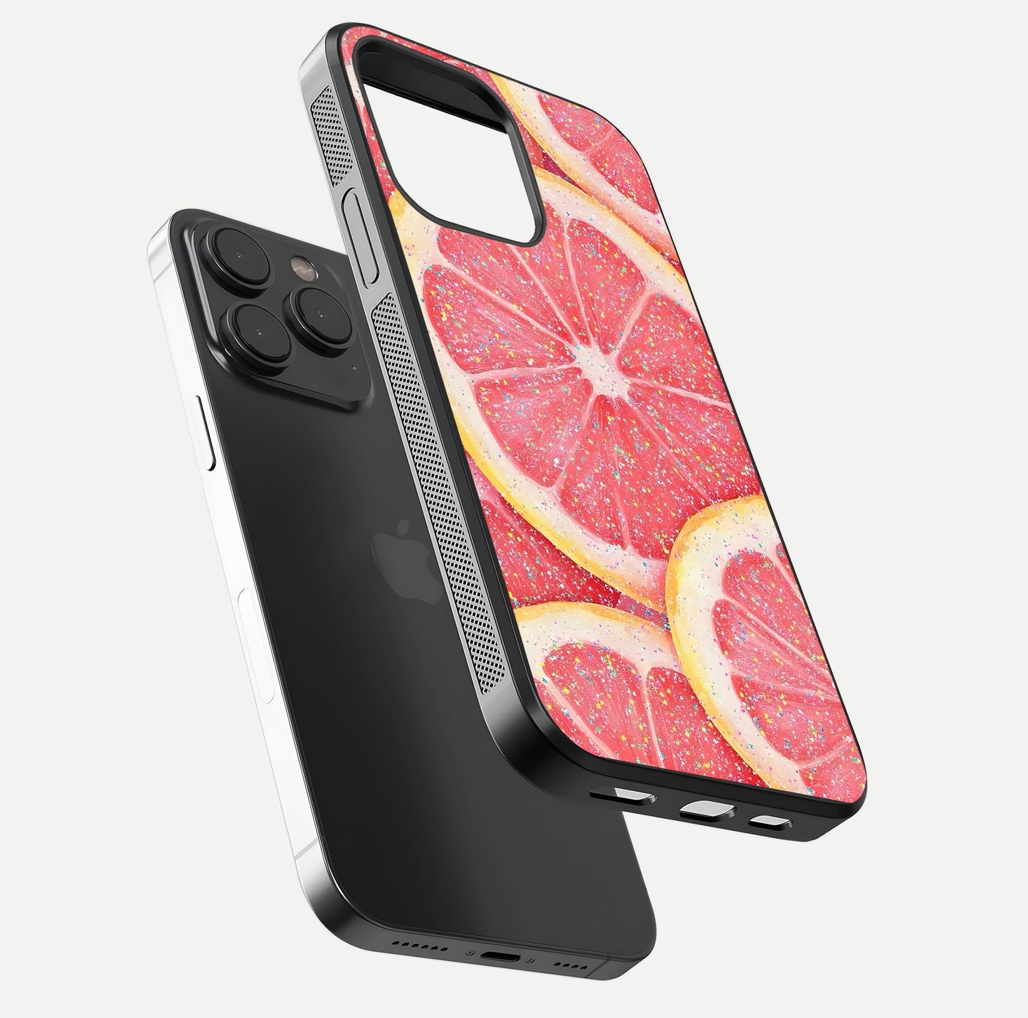 Glitter Grapefruit Glass Case for iPhone 15 Pro floating dual-view mockup showing HD gloss and fresh color detail