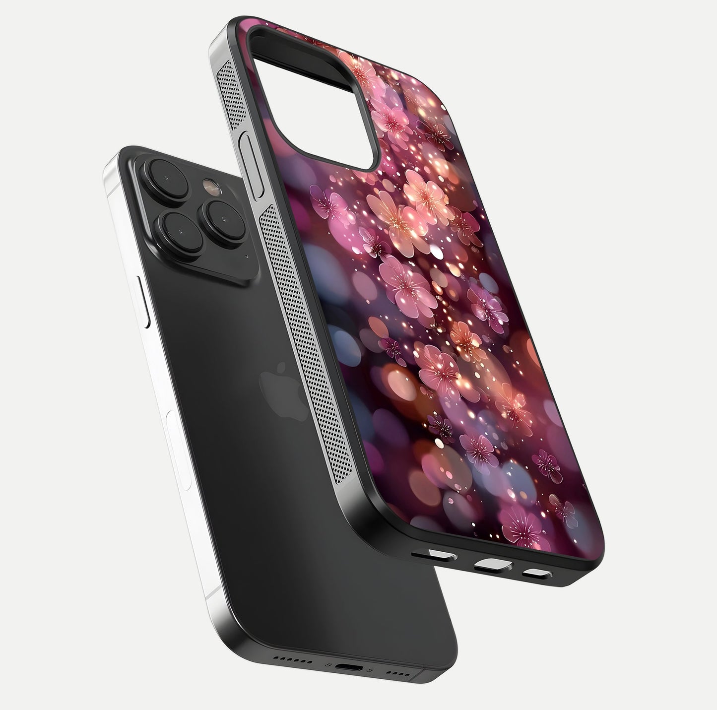 Glowing Petal Bliss Glass Case for iPhone 15 Pro floating dual-view mockup showing gloss brightness and delicate tone