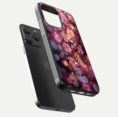 Glowing Petal Bliss Glass Case for iPhone 15 Pro floating dual-view mockup showing gloss brightness and delicate tone