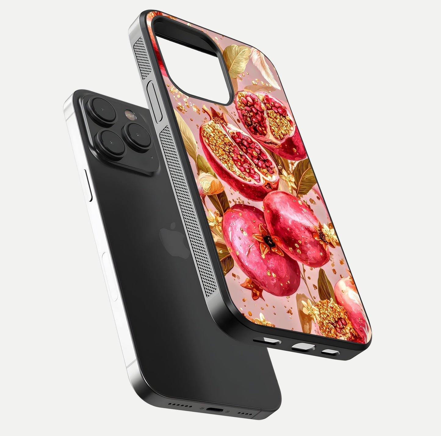 Golden Bloom Glow Glass Case for iPhone 15 Pro floating dual-view mockup showing glossy shine and golden shimmer