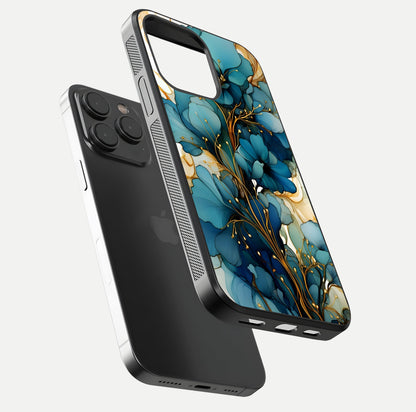 Golden Bloom Symphony Glass Case for iPhone 15 Pro floating dual-view mockup displaying shine texture and luxury pattern