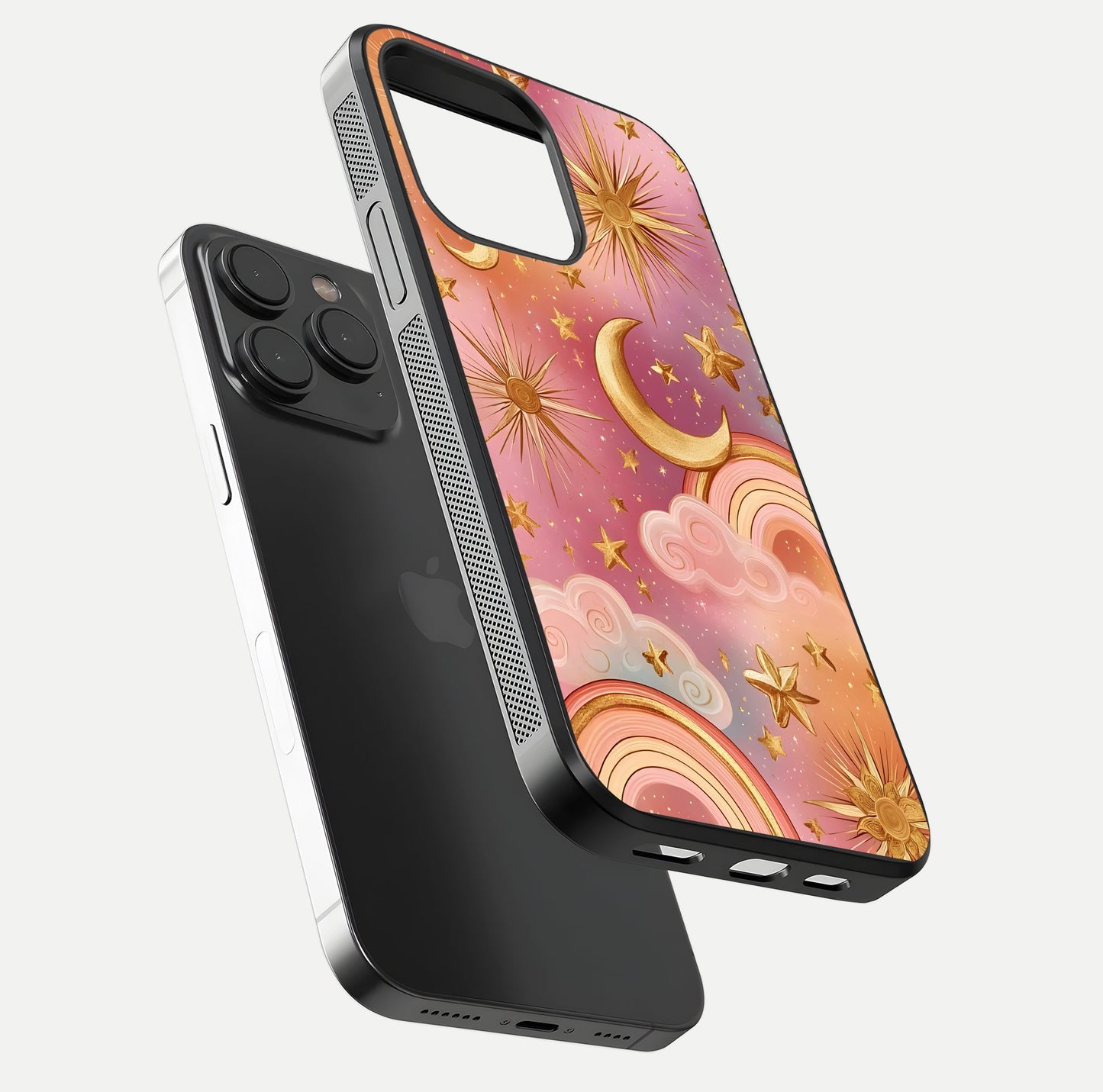 Golden Celestial Dreams Glass Case for iPhone 15 Pro floating dual-view mockup showing gloss surface and dream-like glow