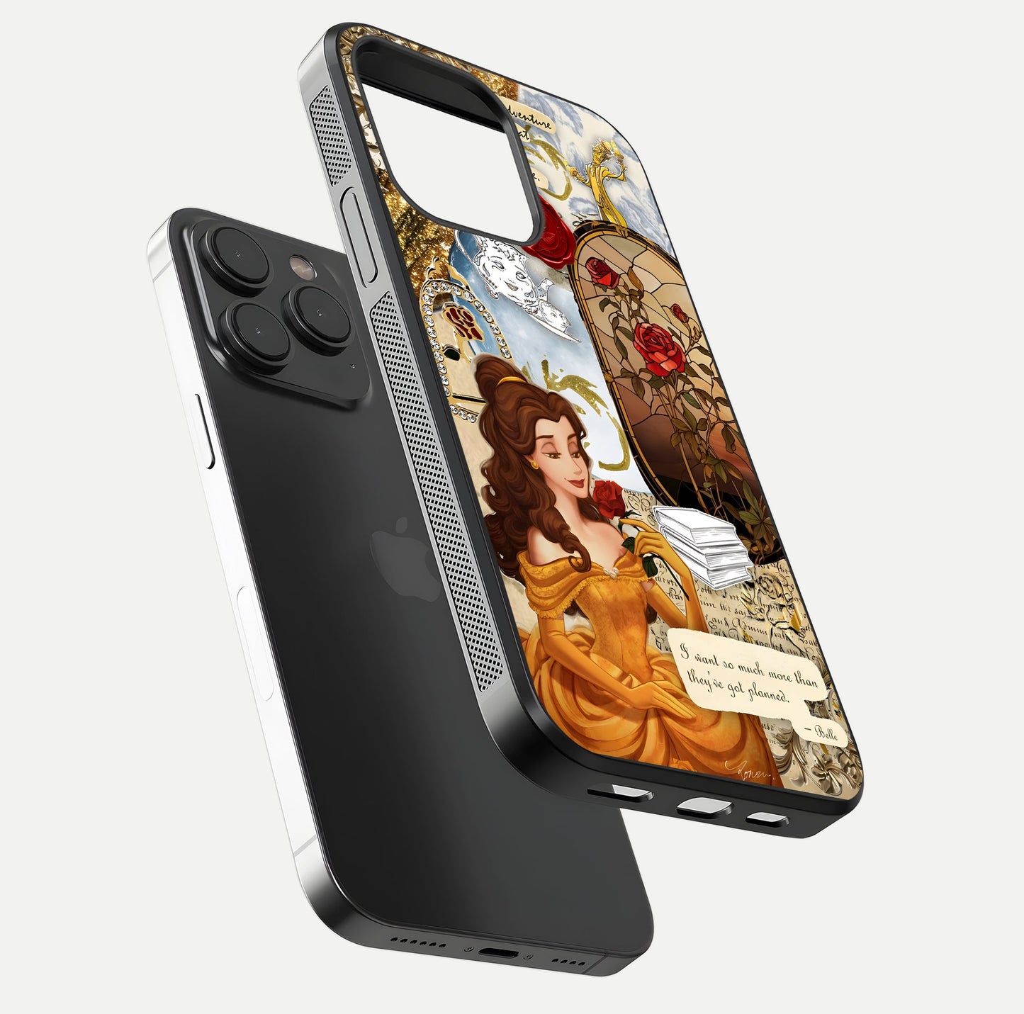 Golden Dream Belle Glass Case for iPhone 15 Pro floating dual-view mockup highlighting gloss texture and elegant shimmer