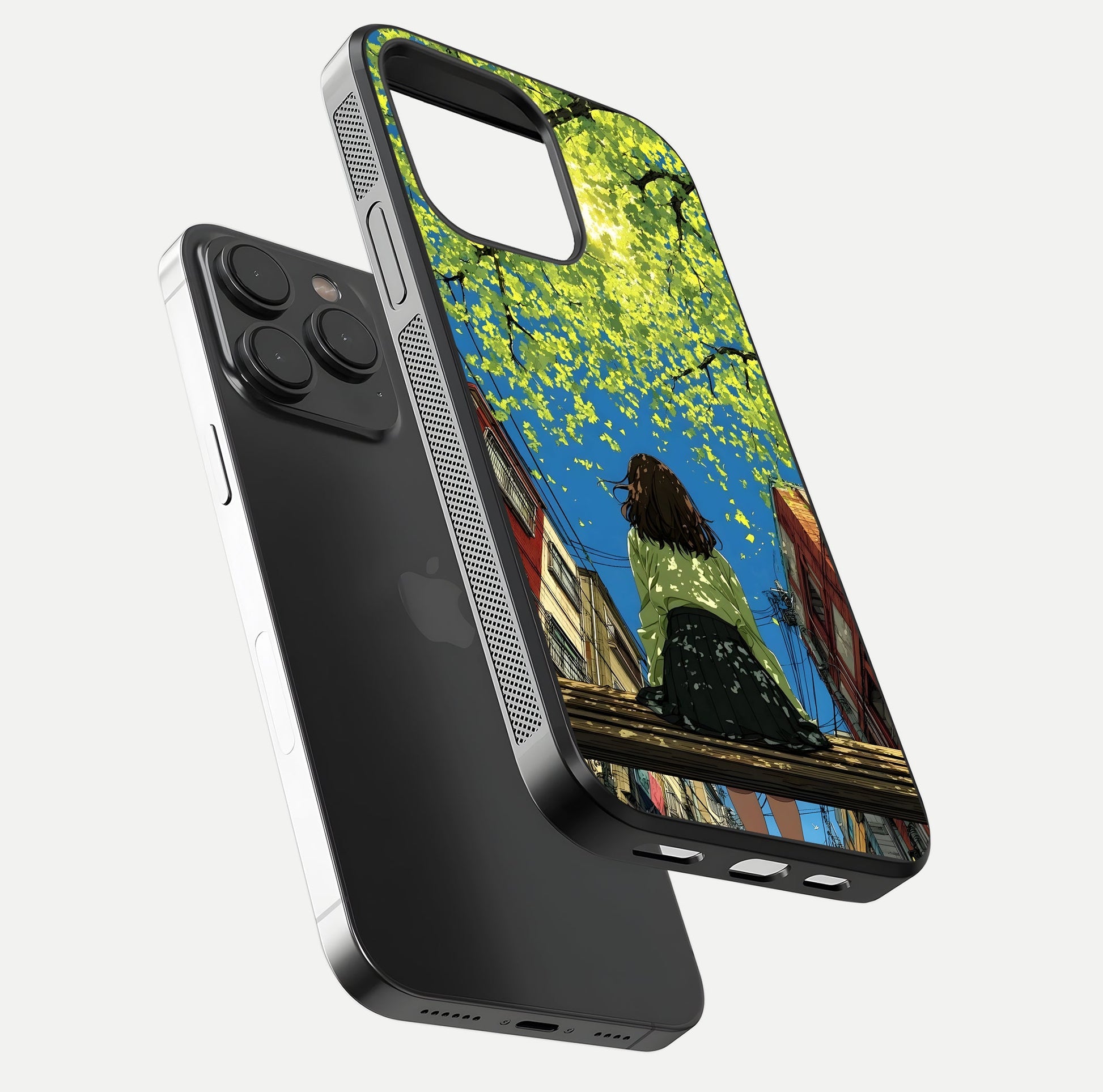Golden Leaves Glow Glass Case for iPhone 15 Pro floating dual-view mockup showing gloss depth and gold-leaf detail