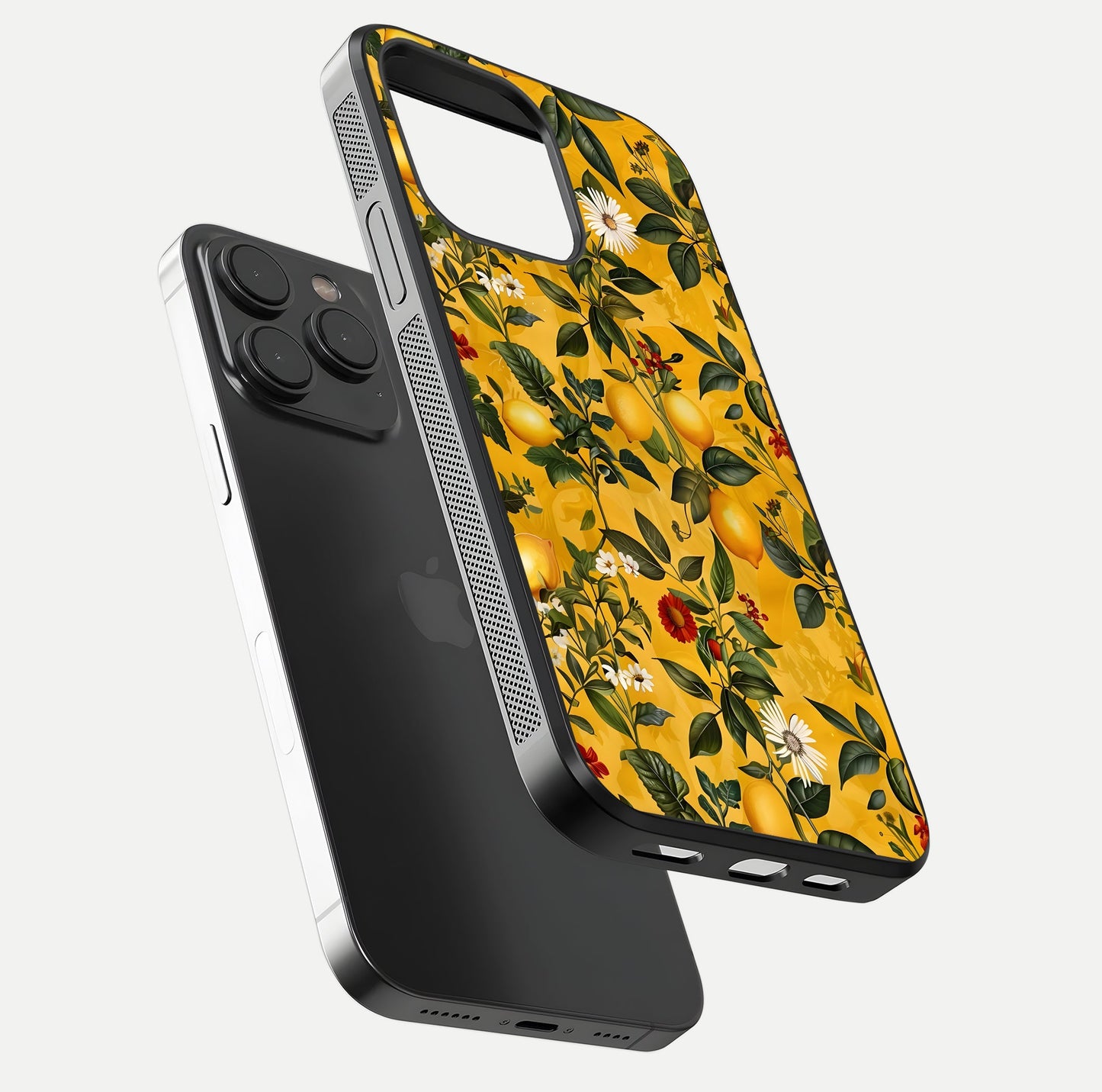 Golden Lemon Field Glass Case for iPhone 15 Pro floating dual-view mockup showing gloss shine and yellow-gold palette