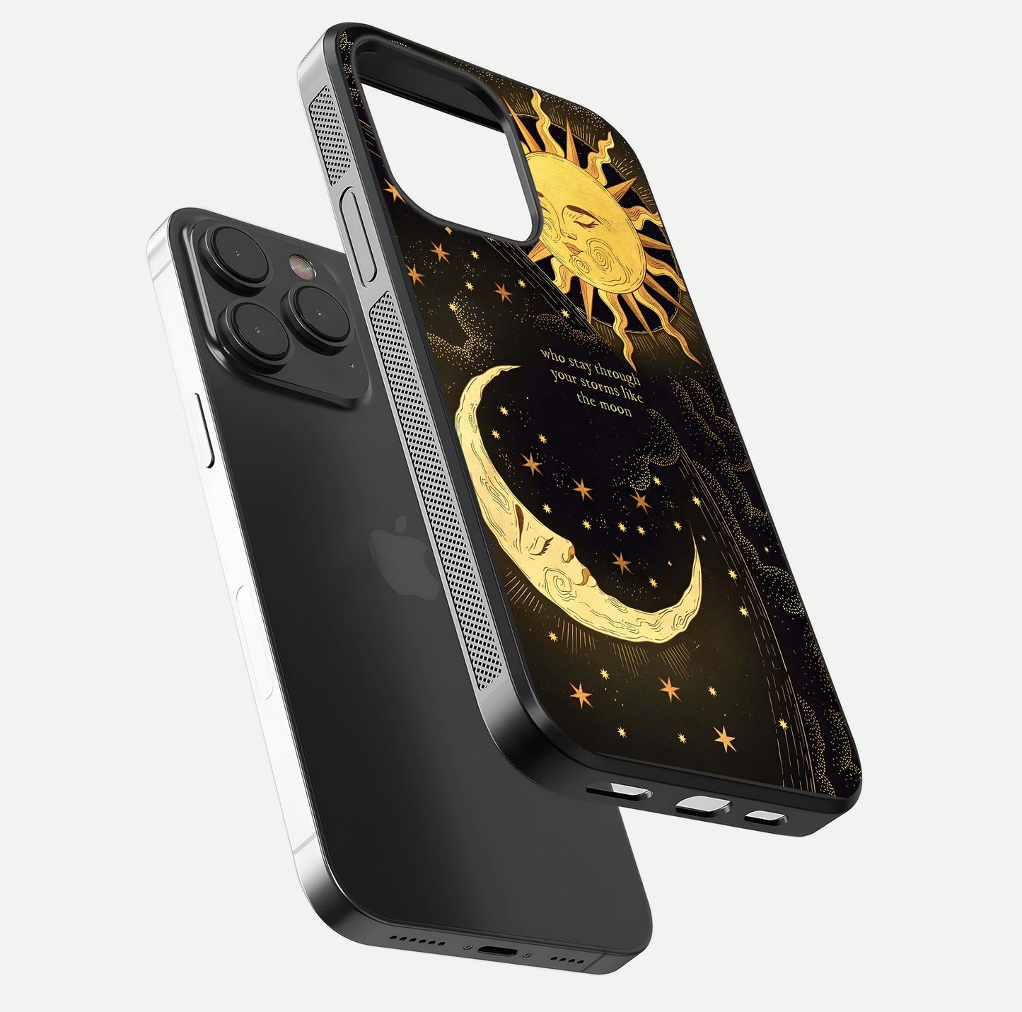 Golden Lunar Love Glass Case for iPhone 15 Pro floating dual-view mockup showing glossy glow and romantic theme