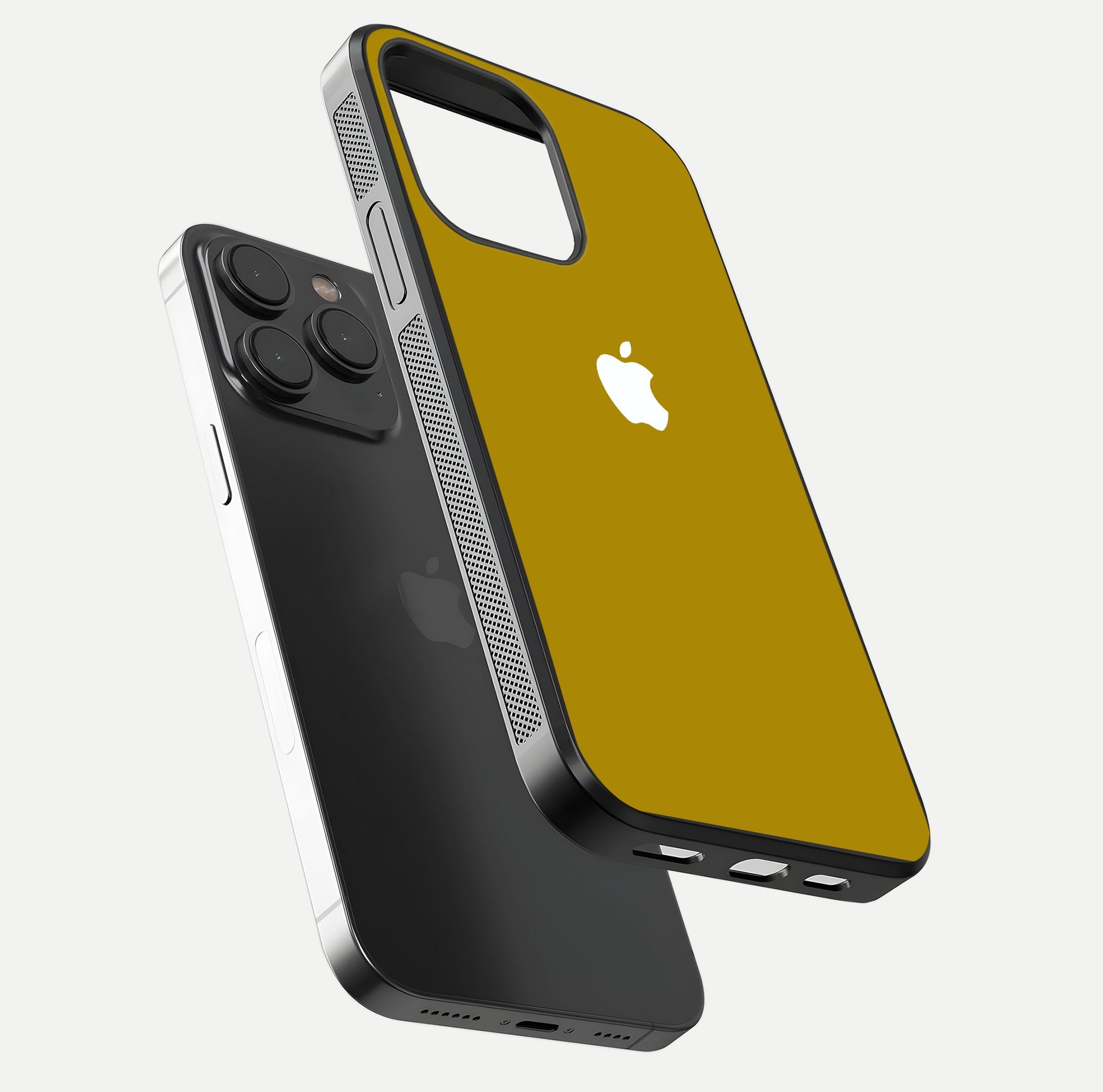 Golden Luxe Aura Glass Case for iPhone 15 Pro floating dual-view mockup showing glossy texture and elegant gold gradient