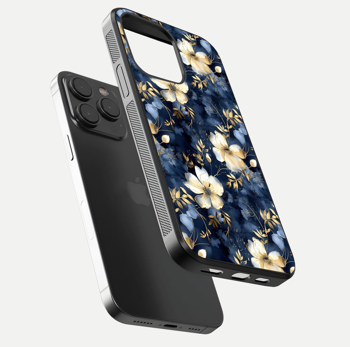 Golden Midnight Bloom Glass Case for iPhone 15 Pro floating dual-view mockup showing gloss polish and metallic reflection