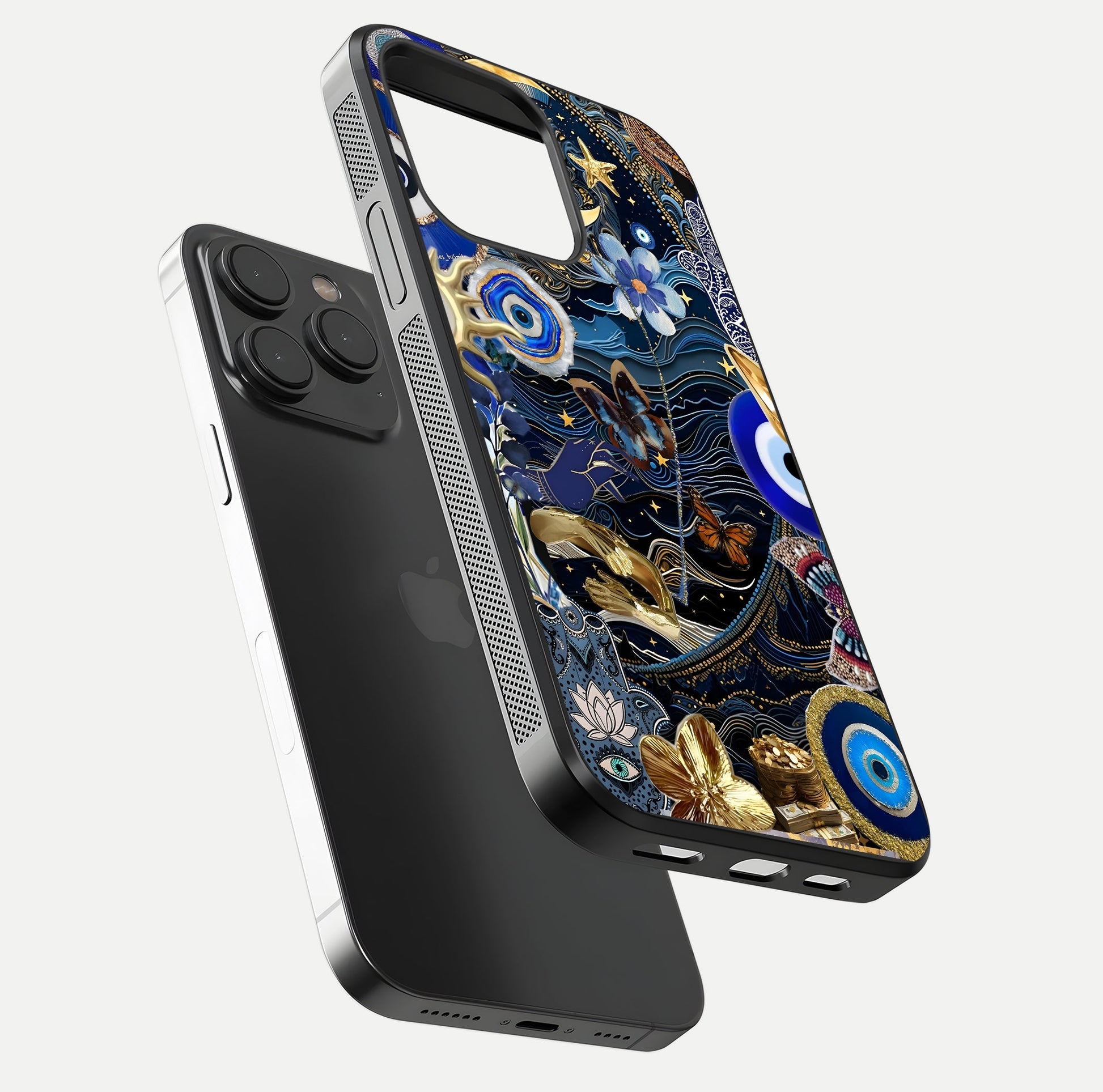 Golden Moon Magic Glass Case for iPhone 15 Pro floating dual-view mockup showing gloss texture and golden illumination