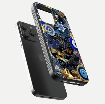 Golden Moon Magic Glass Case for iPhone 15 Pro floating dual-view mockup showing gloss texture and golden illumination