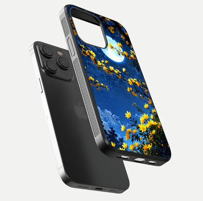 Golden Night Glow Glass Case for iPhone 15 Pro floating dual-view mockup showing gloss polish and luxury shine