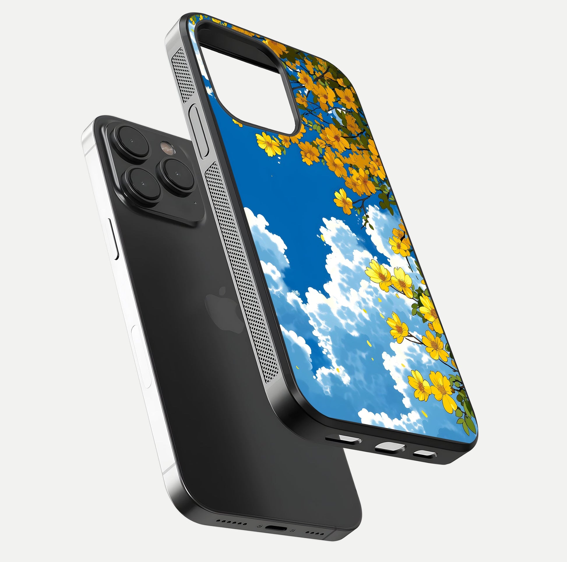 Golden Petal Sky Glass Case for iPhone 15 Pro floating dual-view mockup showing gloss brilliance and gold detail