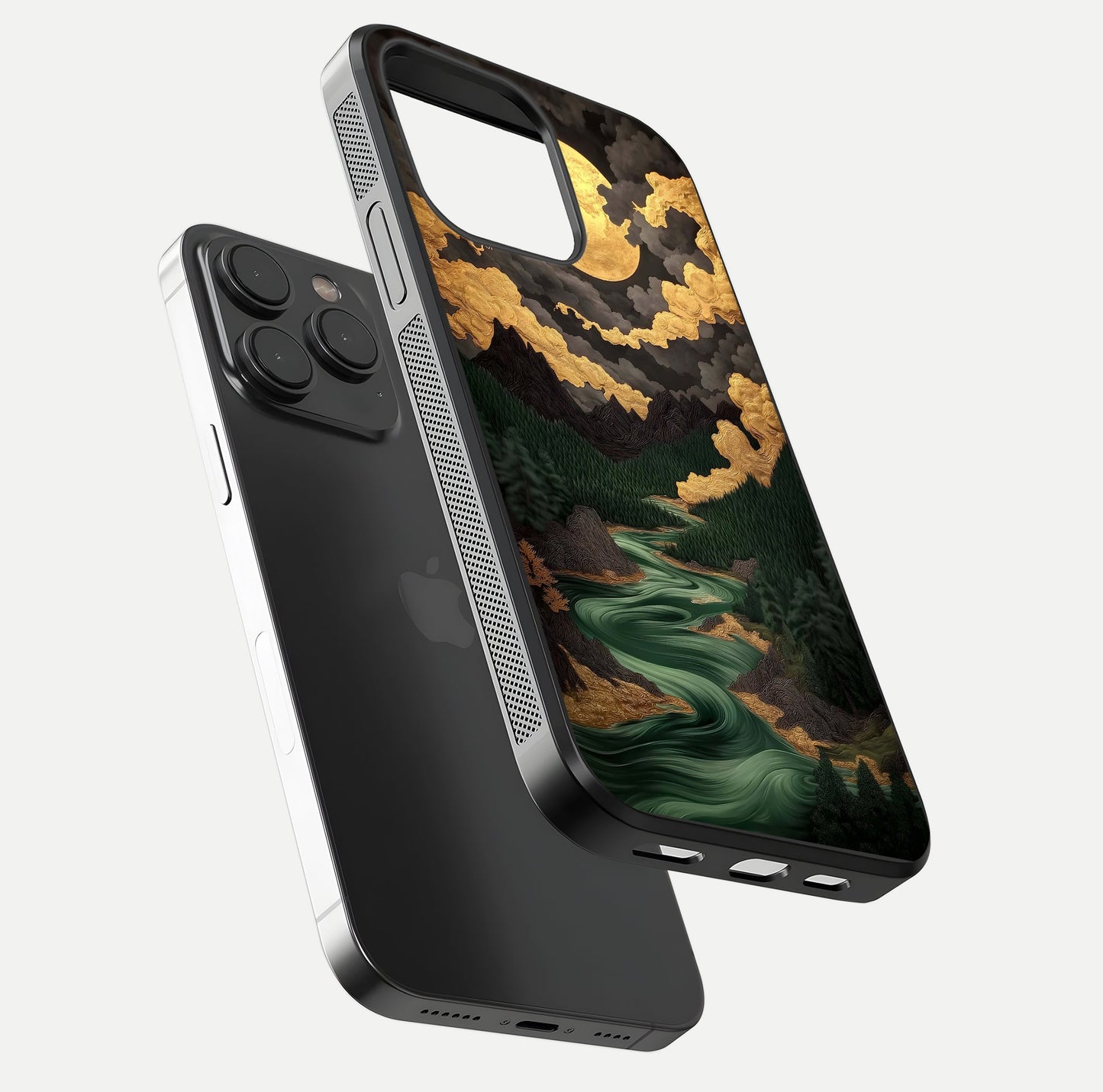 Golden River Moon Glass Case for iPhone 15 Pro floating dual-view mockup showing gloss surface and luxury tone