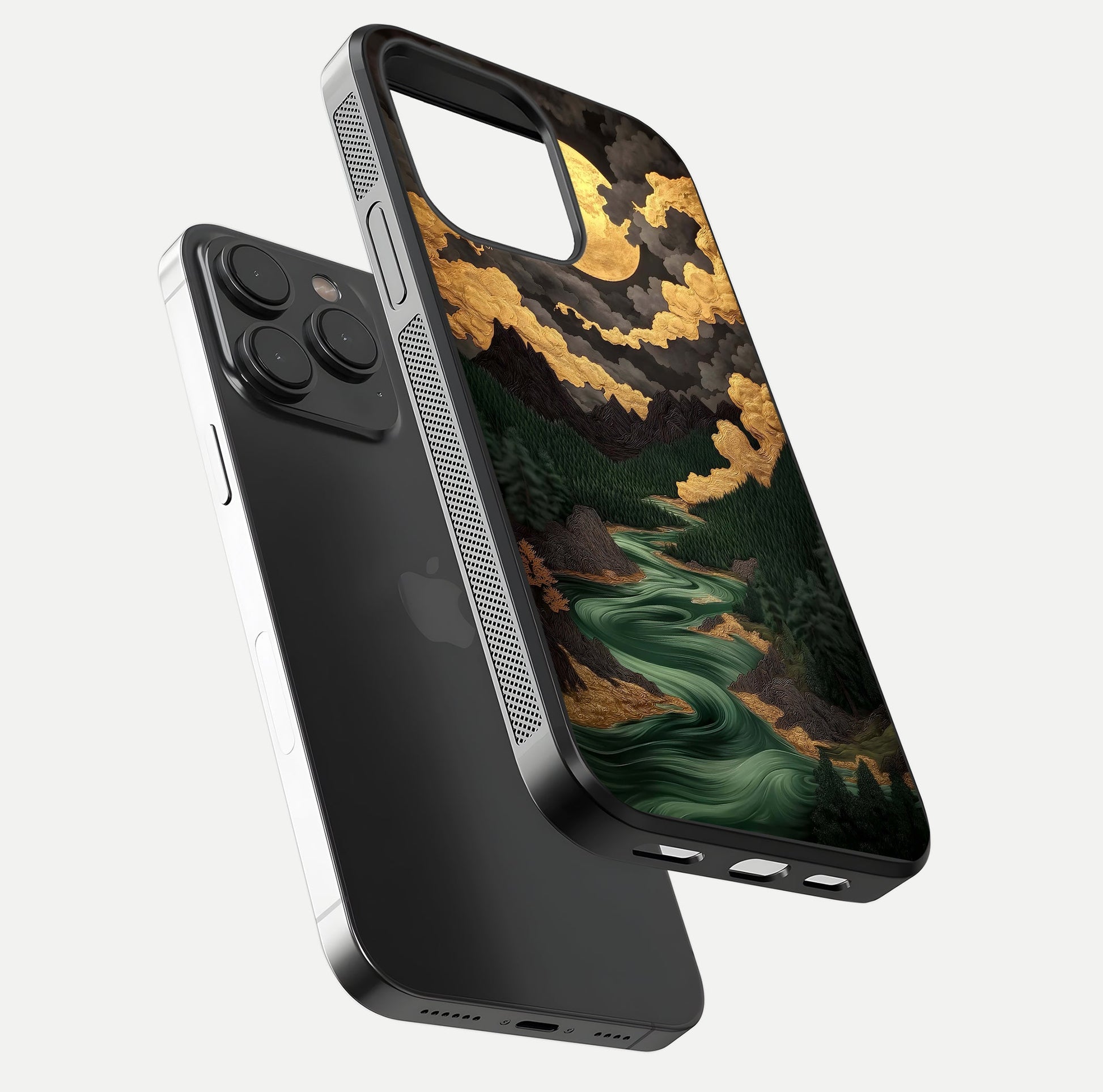 Golden River Moon Glass Case for iPhone 15 Pro floating dual-view mockup showing gloss surface and luxury tone