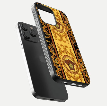 Golden Royal Heritage Glass Case for iPhone 15 Pro floating dual-view mockup showing glossy surface and rich regal tone