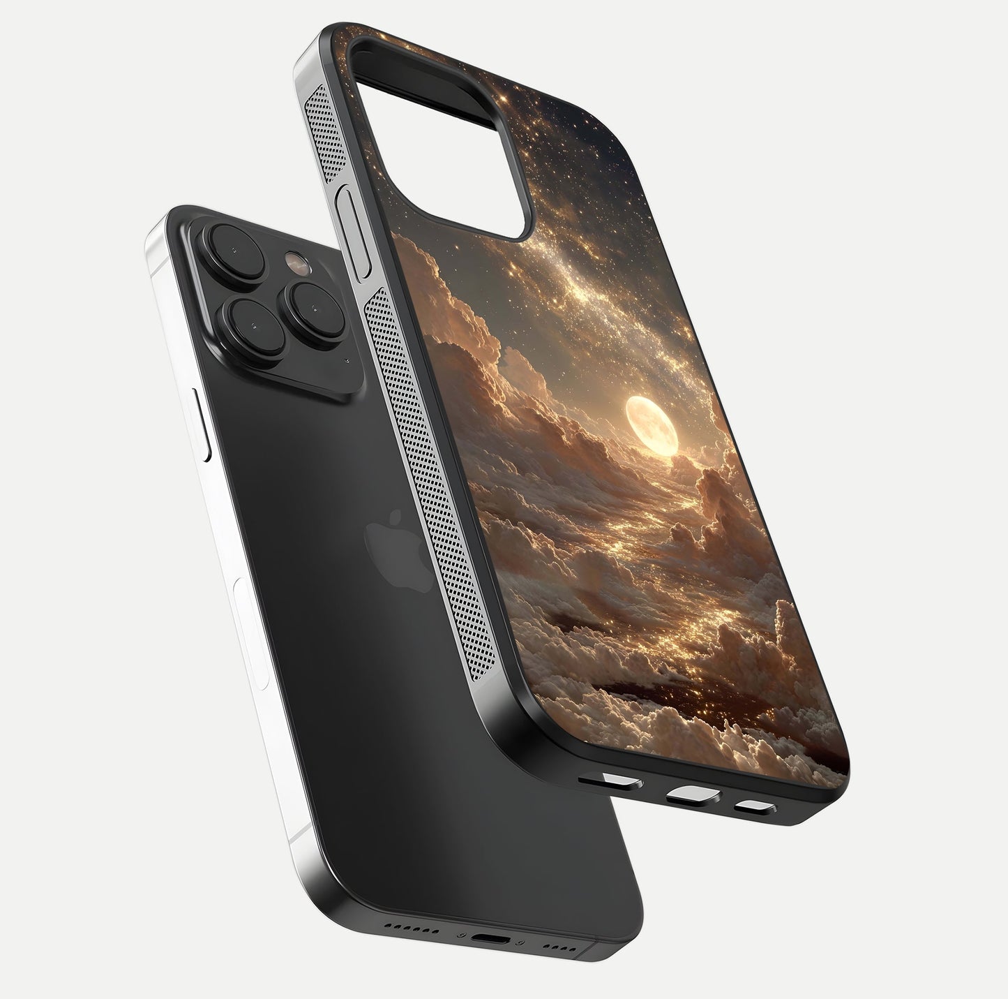 Golden Sky Dream Glass Case for iPhone 15 Pro floating dual-view mockup showing gloss depth and elegant finish