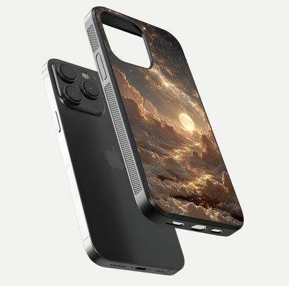 Golden Sky Dream Glass Case for iPhone 15 Pro floating dual-view mockup showing gloss depth and elegant finish