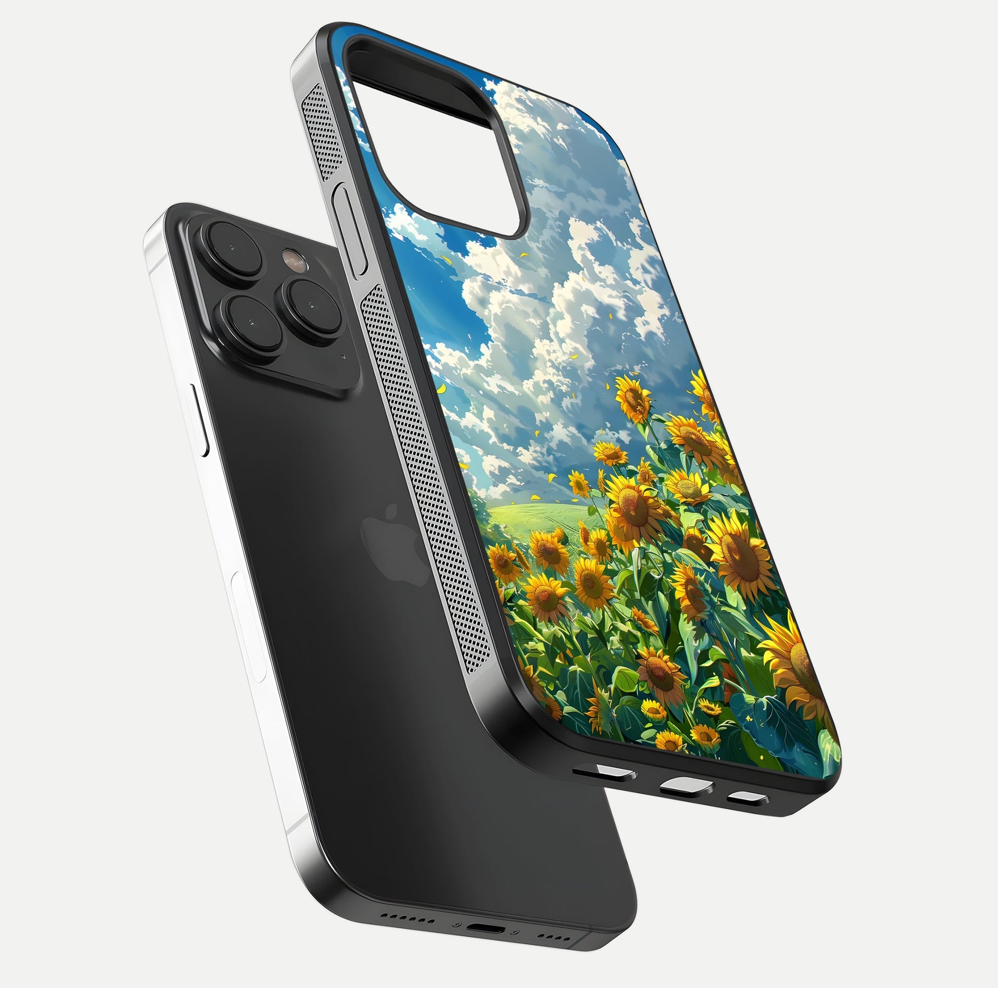 Golden Sun Glory Glass Case for iPhone 15 Pro floating dual-view mockup showing gloss shine and premium surface