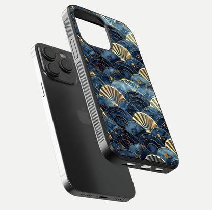 Golden Wave Luxe Glass Case for iPhone 15 Pro floating dual-view mockup showing gloss surface and shimmering tones