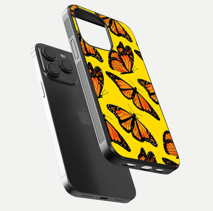 Golden Wing Flight Glass Case for iPhone 15 Pro floating dual-view mockup showing gloss reflection and luxury tone