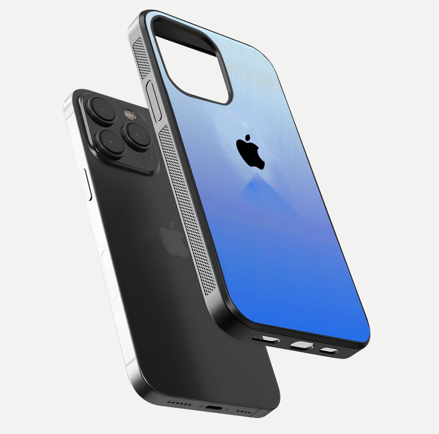 Gradient Apple Vibe Glass Case for iPhone 15 Pro floating dual-view mockup showing gloss polish and gradient blend