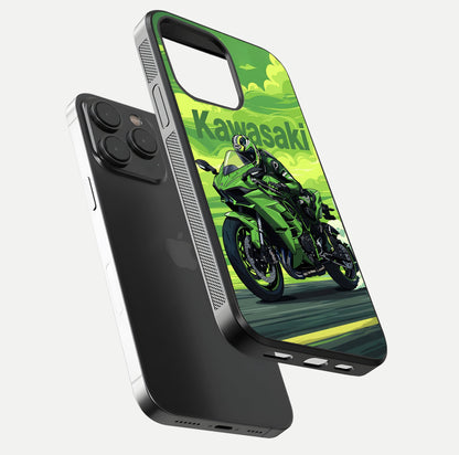 Green Kawasaki Glass Case for iPhone 15 Pro floating dual-view mockup showing gloss surface and power-bike theme